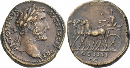 Antoninus Pius augustus, 138 – 161. Sestertius 145-161, Æ 28.88 g. Laureate head r. Rev. Antoninus in slow quadriga l., holding eagle-tipped sceptre. ...