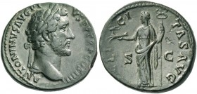 Antoninus Pius augustus, 138 – 161. Sestertius 145-161, Æ 21.61 g. Laureate head r., drapery on l. shoulder. Rev. Felicitas standing l., holding capri...