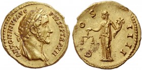 Antoninus Pius augustus, 138 – 161. Aureus 148-149, AV 7.39 g. Laureate head r., with drapery on l. shoulder. Rev. Aequitas standing l., holding scale...