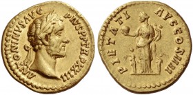 Antoninus Pius augustus, 138 – 161. Aureus 159-160, AV 7.21 g. Laureate head r. Rev. Pietas standing l. between two children, holding globe and child....