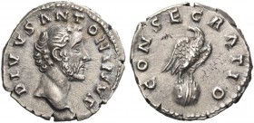 Antoninus Pius augustus, 138 – 161. Divus Antoninus. Denarius after 161, AR 3.34 g. Bare head r. Rev. Eagle standing r. on globe, with head l. C 158. ...