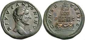Antoninus Pius augustus, 138 – 161. Divus Antoninus. Sestertius after 161, Æ 26.42 g. Bare head r. Rev. Pyre of four tiers decorated with hangings and...