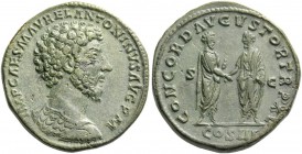 Marcus Aurelius augustus, 161 – 180. Sestertius March-December 161, Æ 26.43 g. Bareheaded and cuirassed bust r. Rev. Marcus Aurelius and Lucius Verus ...