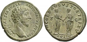 Marcus Aurelius augustus, 161 – 180. Sestertius March-December 161, Æ 25.42 g. Bare head r. Rev. Marcus Aurelius and Lucius Verus clasping hands with ...