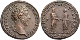 Marcus Aurelius augustus, 161 – 180. Sestertius 161-162, Æ 27.73 g. Laureate head r. Rev. M. Aurelius and L. Verus standing facing each other, claspin...