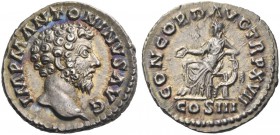 Marcus Aurelius augustus, 161 – 180. Denarius 162-163, AR 3.19 g. Bare head r. Rev. Concordia seated l., holding patera and resting l. arm on statue o...