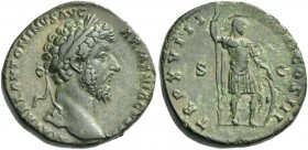 Marcus Aurelius augustus, 161 – 180. Sestertius 163-164, Æ 23.86 g. Laureate head r. Rev. Mars standing r., holding spear and with l. hand on shield. ...