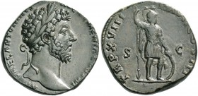 Marcus Aurelius augustus, 161 – 180. Sestertius 163-164, Æ 23.48 g. Laureate head r. Rev. Mars standing r., holding spear and with l. hand on shield. ...