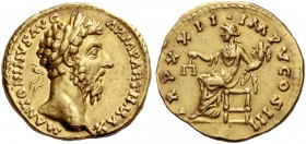 Marcus Aurelius augustus, 161 – 180. Aureus 168, AV 7.16 g. Laureate head r. Rev. Aequitas seated l., holding scales in r. hand and cornucopiae in l. ...
