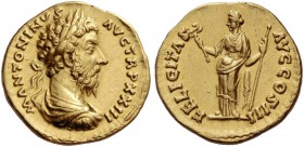Marcus Aurelius augustus, 161 – 180. Aureus 168-169, AV 7.17 g. Laureate, draped and cuirassed bust r. Rev. Felicitas standing l., holding caduceus an...