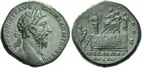 Marcus Aurelius augustus, 161 – 180. Sestertius 176-177, Æ 24.96 g. Laureate head r., drapery on l. shoulder. Rev. M. Aurelius and Commodus seated l. ...