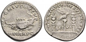 Marcus Aurelius augustus, 161 – 180. Restored issue of M. Antonius. Denarius 161-169, AR 3.24 g. Galley l. Rev. Legionary eagle between two standards....