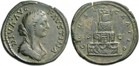 Faustina II, wife of Marcus Aurelius. Diva Faustina II. Sestertius after 176, Æ 25.62 g. Veiled and draped bust r. Rev. Ornate four-tier pyre surmount...
