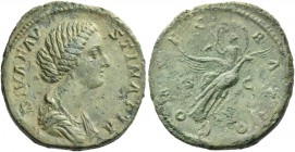 Faustina II, wife of Marcus Aurelius. Diva Faustina II. Sestertius after 176, Æ 24.08 g. Draped bust to r. Rev. Faustina, veiled, holding sceptre, sea...