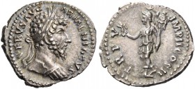 Lucius Verus, 161 – 169. Denarius 164-165, AR 3.41 g. Laureate and cuirassed bust r. Rev. Roma, in military attire, walking l., holding Victory and tr...