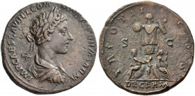 Commodus caesar, 166 – 177. Sestertius 177, Æ 23.81 g. Laureate, draped and cuirassed bust r. Rev. Two captives seated l. and r. at foot of trophy. C ...