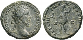 Commodus augustus, 177 – 192. Dupondius 183, Æ 11.35 g. Radiate head r. Rev. Roma standing l., holding Victory and spear. C 890. RIC 387.
Dark green ...