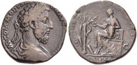 Commodus augustus, 177 – 192. Sestertius 184-185, Æ 17.18 g. Laureate and draped bust r. Rev. Salus seated l., feeding snake erect in front of column;...