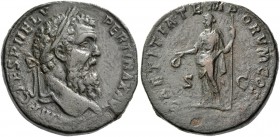 Pertinax, 193. Sestertius 193, Æ 26.44 g. Laureate head r. Rev. Laetitia standing l., holding wreath and sceptre. C 21. RIC 17.
Very rare. A magnific...