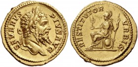 Septimius Severus, 193 – 211. Aureus 201-210, AV 7.47 g. Laureate head r. Rev. Roma seated l., holding palladium and sceptre; shield leaning on seat. ...