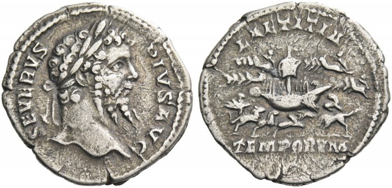 Septimius Severus, 193 – 211. Denarius 202-210, AR 2.34 g. Laureate head r. Rev....