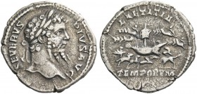 Septimius Severus, 193 – 211. Denarius 202-210, AR 2.34 g. Laureate head r. Rev. Vessel with sail raised and gangway to ground; below, bird, lion, tig...