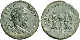Septimius Severus, 193 – 211. Sestertius 202-210, Æ 24.46 g. Laureate head r. Rev. Two Victories standing l. and r. fixing shield on palm, at foot of ...