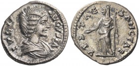 Julia Domna, wife of Septimius Severus. Denarius, Laodicea 196-202, AR 2.98 g. Draped bust r. Rev. Vesta standing l., holding patera and sceptre. C 24...