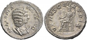 Julia Domna, wife of Septimius Severus. Antoninianus circa 211-217, AR 5.37 g. Diademed and draped bust r., over crescent. Rev. Venus seated l., exten...