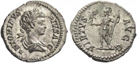 Caracalla, 198 – 217. Denarius 201-206, AR3.46 g. Laureate and draped bust r. Rev. Virtus standing l., holding Victory and spear. C 667. RIC 149.
Old...