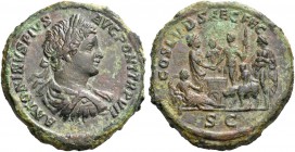 Caracalla, 198 – 217. Sestertius 204, Æ 23.52 g. Laureate, draped and cuirassed bust r. Rev. Caracalla veiled, standing r., sacrificing over altar: in...