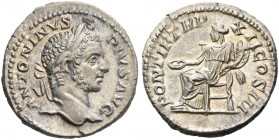 Caracalla, 198 – 217. Denarius 209, AR 3.32 g. Laureate head r. Rev. Concordia seated l., holding patera and double cornucopiae. C 465. RIC 111.
Ligh...