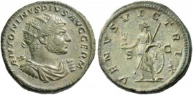 Caracalla, 198 – 217. Dupondius 214-217, Æ 12.40 g. Radiate, draped and cuirassed bust r., wearing aegis. Rev. Venus standing l., holding Victory, spe...