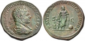 Caracalla, 198 – 217. Sestertius 215, Æ 25.36 g. Laureate, draped and cuirassed bust r. Rev. Asclepius standing facing, head l., holding serpent-staff...