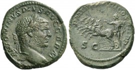 Caracalla, 198 – 217. As 217, Æ 9.53 g. Laureate head r. Rev. Sol in quadriga l. C 393. RIC 570.
Green patina and good very fine