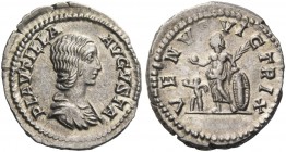 Plautilla, wife of Caracalla. Denarius circa 202-205, AR 3.90 g. Draped bust r. Rev. Venus standing l. holding palm branch and apple and resting her l...