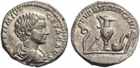 Geta caesar, 198 – 209. Denarius 198-200, AR 3.41 g. Bare-headed and draped bust r. Rev. Knife, sprinkler, ewer, lituus and simpulum. C 188. RIC 3.
E...
