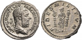 Macrinus, 217 – 218. Denarius 217-218, AR 3.44 g. Laureate and cuirassed bust r. Rev. Fides standing facing, head r. and r. foot on helmet, holding st...