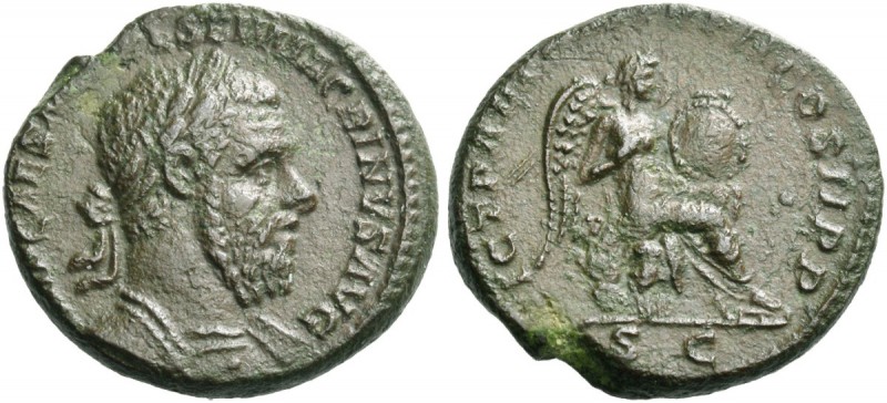 Macrinus, 217 – 218. As 217-218, Æ 8.95 g. Laureate and cuirassed bust r. Rev. V...