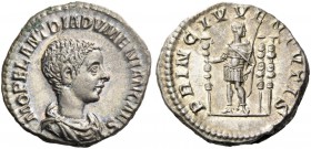 Diadumenian caesar, 217 – 218. Denarius 217-218, AR 2.94 g. Bareheaded and draped bust r. Rev. Diadumenian standing facing, head r., holding standard ...
