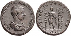 Diadumenian caesar, 217 – 218. Sestertius 217-218, Æ 23.14 g. Draped and cuirassed bust r. Rev. Diadumenian standing facing, head r., holding standard...
