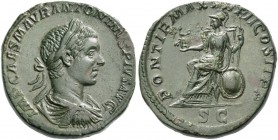 Elagabalus, 218 – 222. Sestertius 219, Æ 23.76 g. Laureate, draped and cuirassed bust r. Rev. Roma seated l., holding Victory and sceptre; by her side...