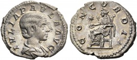 Julia Paula, first wife of Elegabalus. Denarius 219-220, AR 3.02 g. Draped bust r. Rev. Concordia seated l., holding patera; in l. field, star. C 6. R...