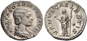 Julia Soaemias, mother of Elagabalus. Denarius 220-222, AR 2.87 g. Draped bust r., hair coiled in small bun. Rev. Venus, draped and diademed, standing...