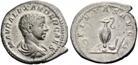 Severus Alexander caesar, 221. Denarius 221, AR 2.72 g. Bare-headed and draped bust r. Rev. Knife, sprinkler, ewer, lituus and simpulum. C 198. RIC 3....