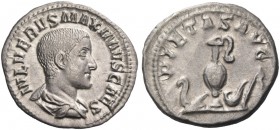 Maximus caesar, late 235 – early 236. Denarius late 235-early 236, AR 3.15 g. IVL VERVS MAXIMVS CAES Bare-headed and draped bust r. Rev. PIETAS AVG Pr...