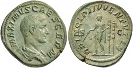 Maximus caesar, late 235 – early 236. Sestertius 236-237, Æ 19.78 g. Draped bust r. Rev. Maximus standing l. holding baton and sceptre; in r. field, t...