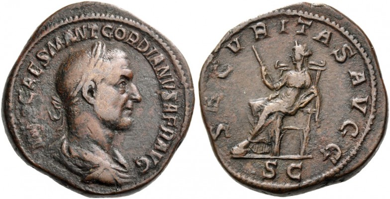 Gordian I, 1st – 22nd April 238. Sestertius April 238, Æ 26.63 g. Laureate, drap...