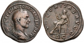 Gordian I, 1st – 22nd April 238. Sestertius April 238, Æ 26.63 g. Laureate, draped and cuirassed bust r. Rev. Securitas seated l. on throne, holding s...
