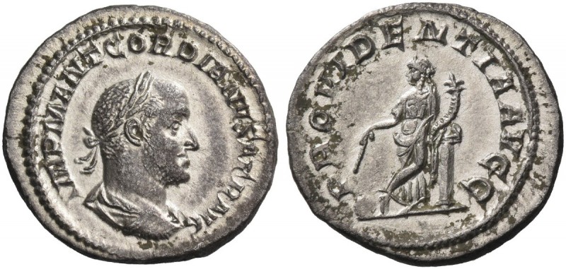Gordian II, 1st – 22nd April 238. Denarius April 238, AR 2.83 g. Laureate, drape...